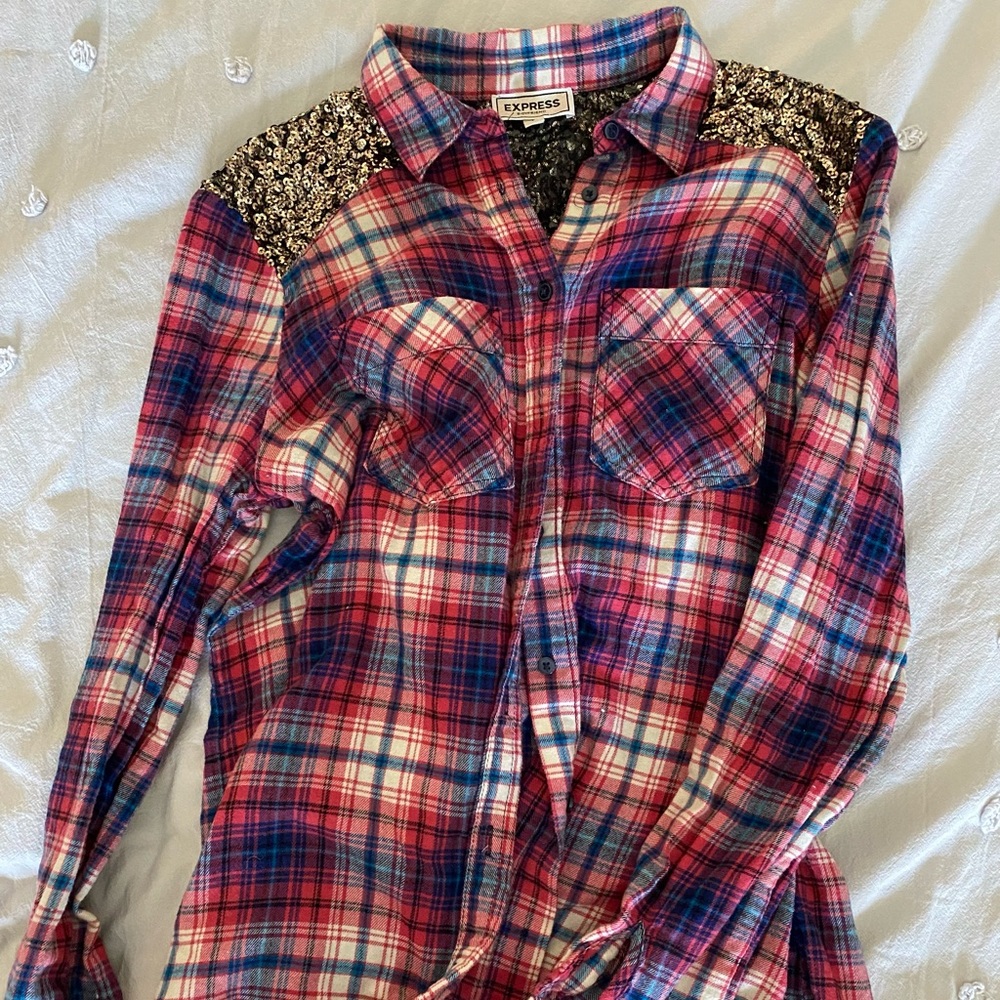 Express Boyfriend  Sequin Button-Up